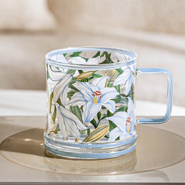 Glass - Tea Coffee Water Mug Double Ring, Set of 2 - Floral Printed - Blue Lily