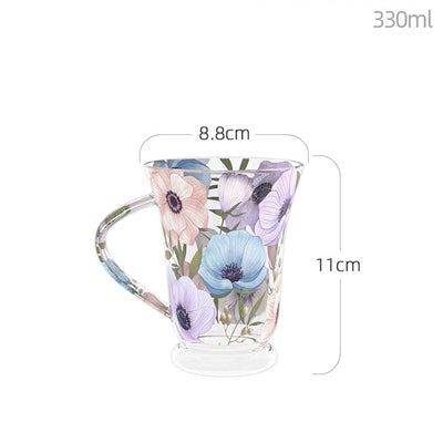 Glass - Tea Coffee Water Vintage Tall Mug Set of 2 - Floral Printed - Purple Lotus