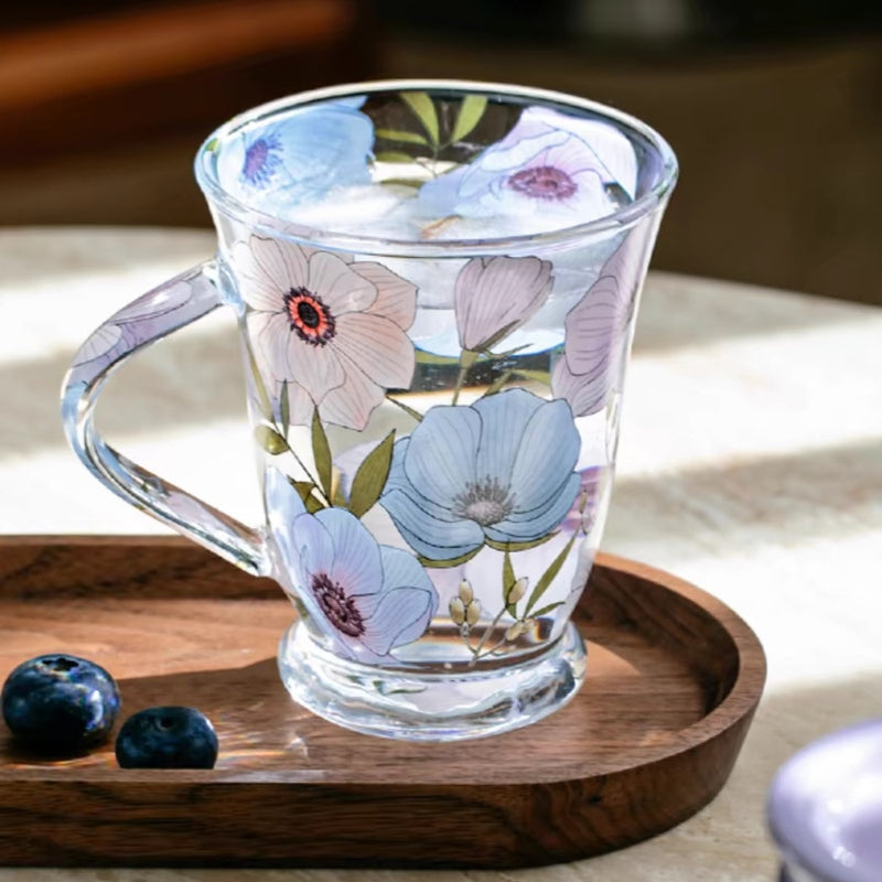 Glass - Tea Coffee Water Vintage Tall Mug Set of 2 - Floral Printed - Purple Lotus