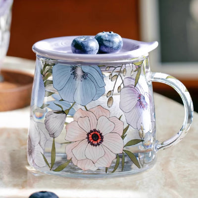 Glass - Tea Coffee Water Mug with Lid, Set of 2 - Floral Printed - Purple Lotus