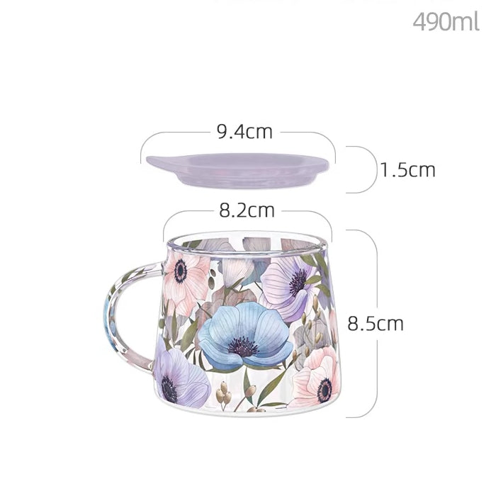 Glass - Tea Coffee Water Mug with Lid, Set of 2 - Floral Printed - Purple Lotus