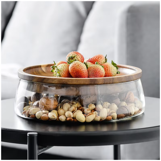 Glass - Storage Container with Wooden Tray/Plate - Multipurpose for Salad, Fruits, Nuts, Candy