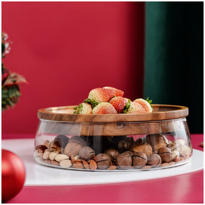 Glass - Storage Container with Wooden Tray/Plate - Multipurpose for Salad, Fruits, Nuts, Candy