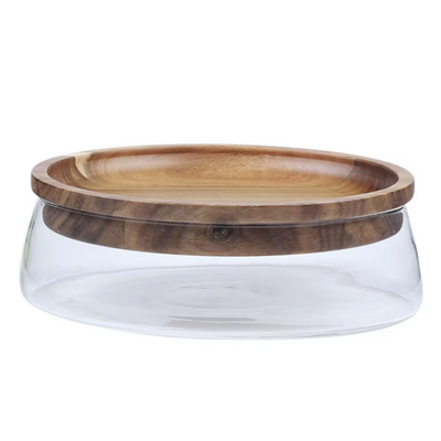 Glass - Storage Container with Wooden Tray/Plate - Multipurpose for Salad, Fruits, Nuts, Candy