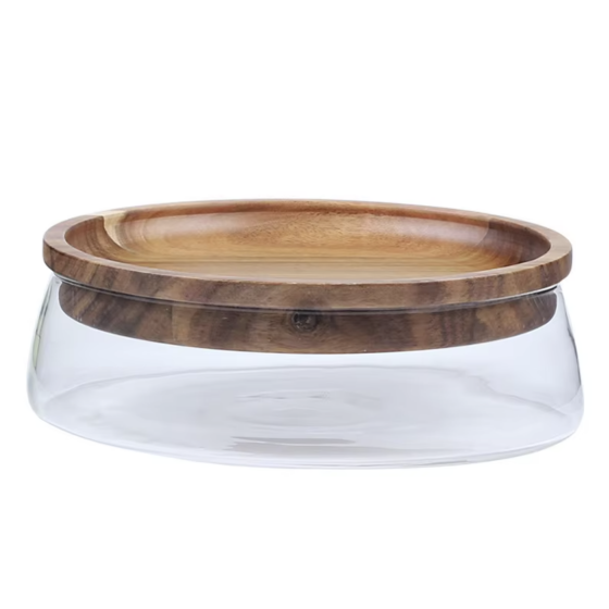 Glass - Storage Container with Wooden Tray/Plate - Multipurpose for Salad, Fruits, Nuts, Candy