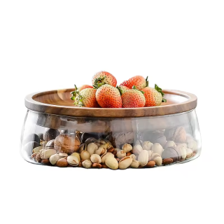 Glass - Storage Container with Wooden Tray/Plate - Multipurpose for Salad, Fruits, Nuts, Candy