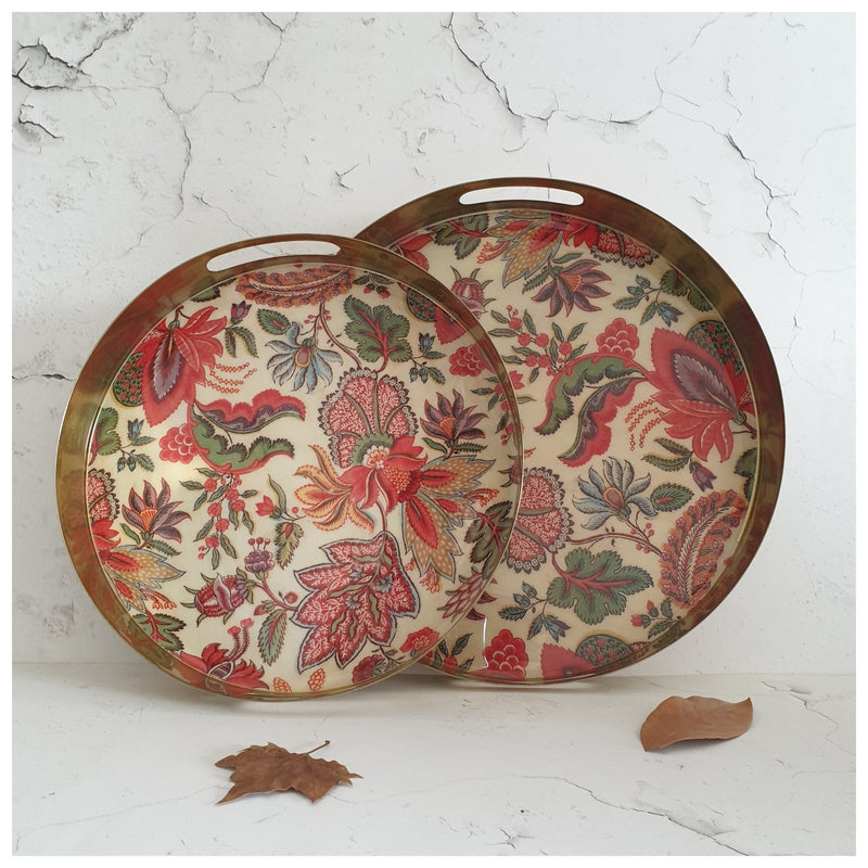 METAL TRAY - ROUND - HANDLE CUT - SET OF 2 - KALAMKARI