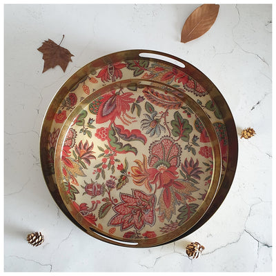 METAL TRAY - ROUND - HANDLE CUT - SET OF 2 - KALAMKARI