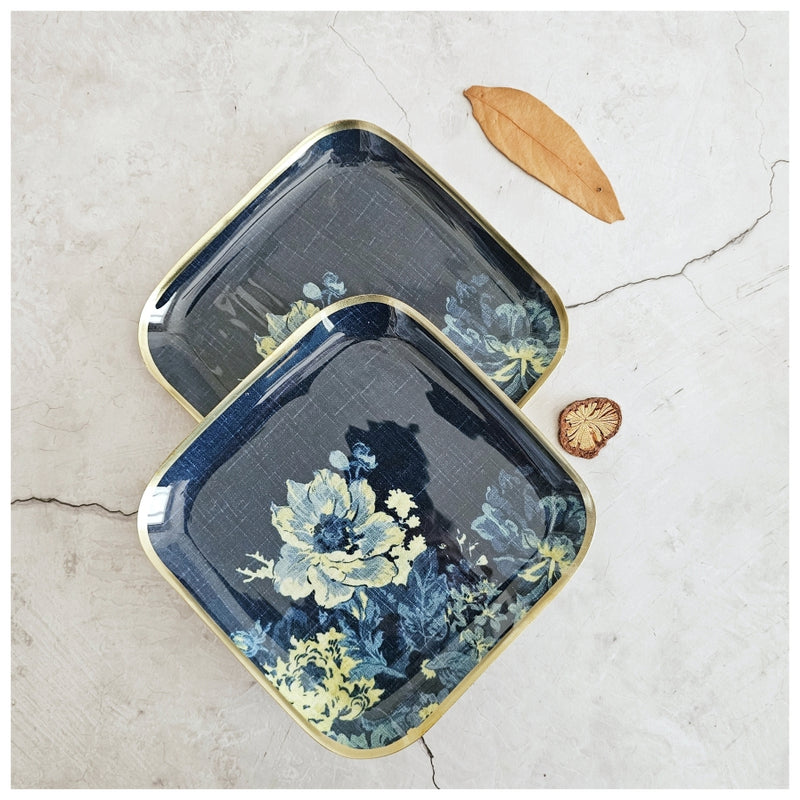 Metal Square Platter Set of 2 - Denim Blue Floral