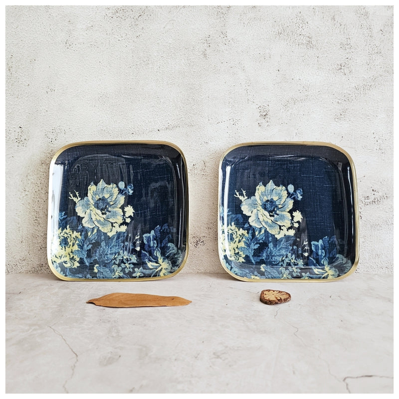 Metal Square Platter Set of 2 - Denim Blue Floral