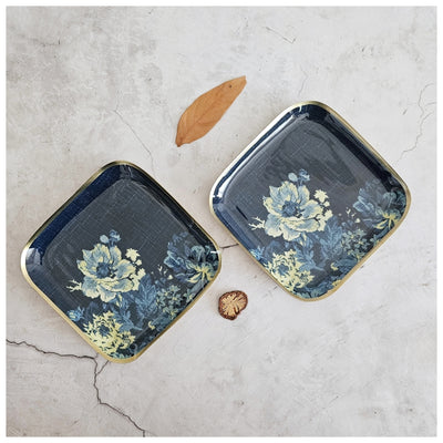 Metal Square Platter Set of 2 - Denim Blue Floral