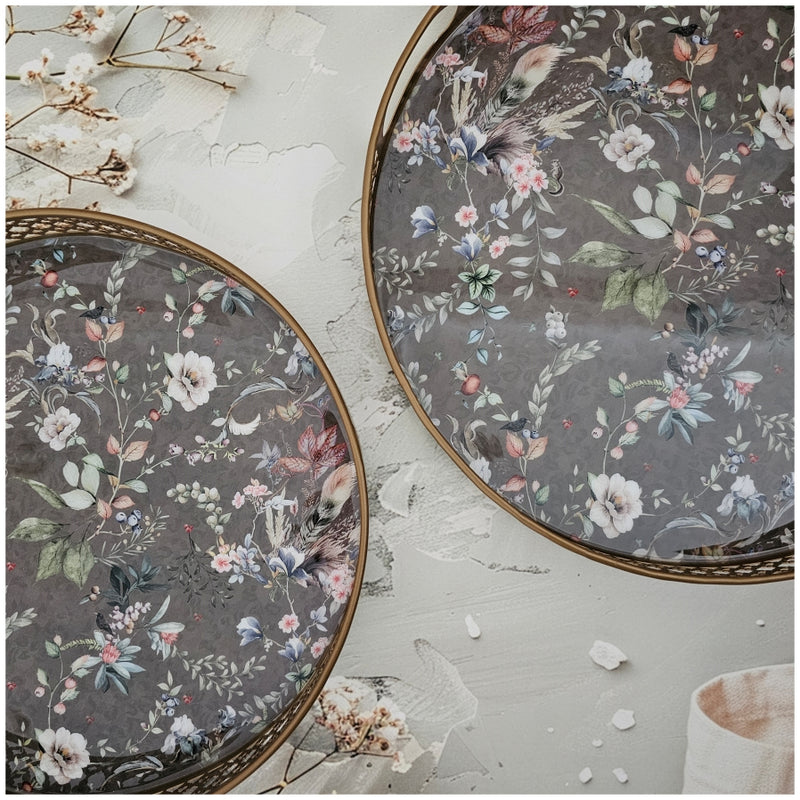 Serving Tray - Round - Laser Cut Metal - Set of 2 - Autumn Floral, Gold Rim