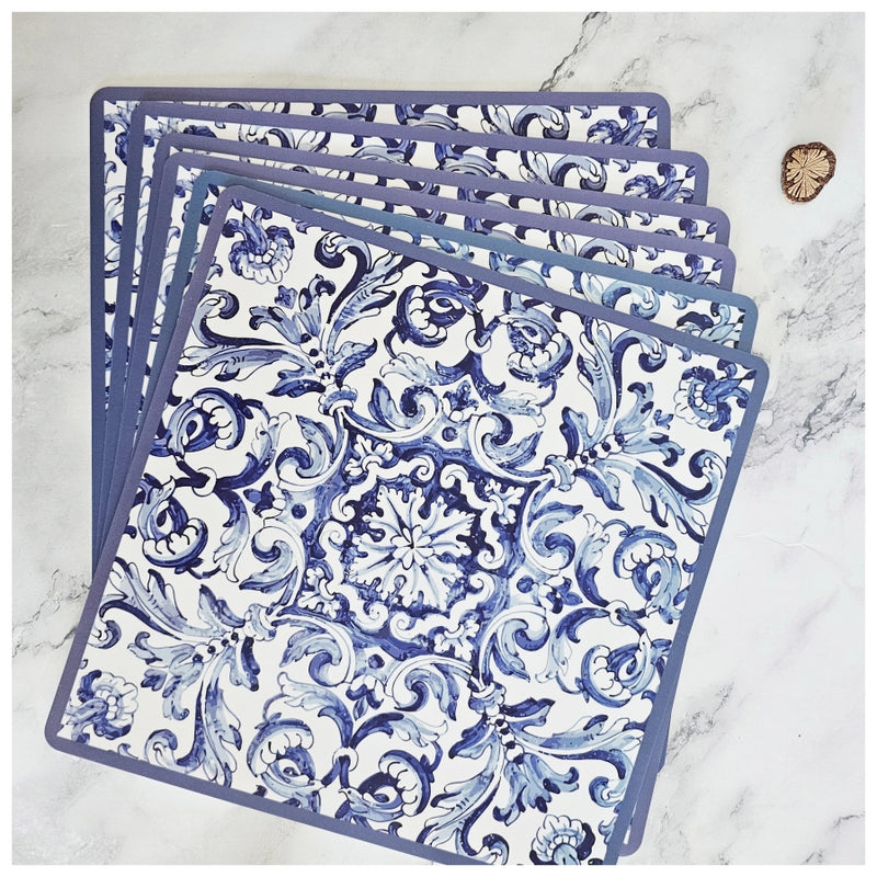 WIPE CLEAN TABLEMATS/PLACEMATS - SQUARE (SET OF 4) - BODRUM BLUE BORDER