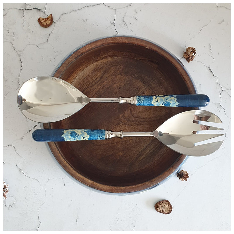 Salad Bowl - Large - Stainless Steel Servers - Denim Blue Floral