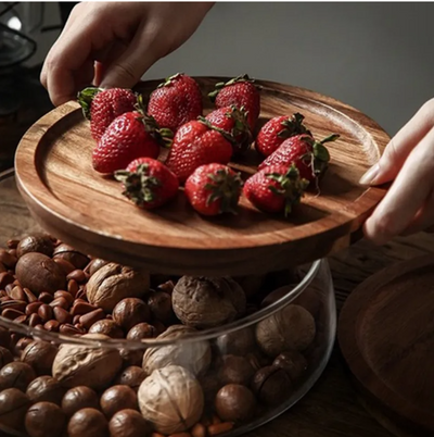 Glass - Storage Container with Wooden Tray/Plate - Multipurpose for Salad, Fruits, Nuts, Candy