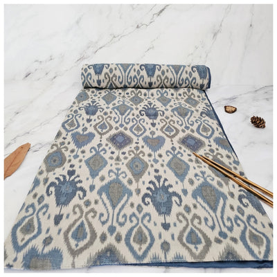 TABLE RUNNER IN DUPON RAW COTTON SILK - IKAT DIAMOND BLUE