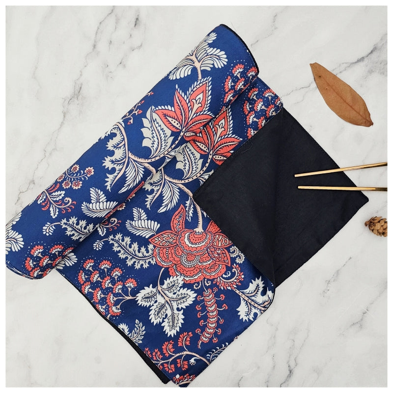 TABLE RUNNER IN DUPON SILK - DARK BLUE FLORAL