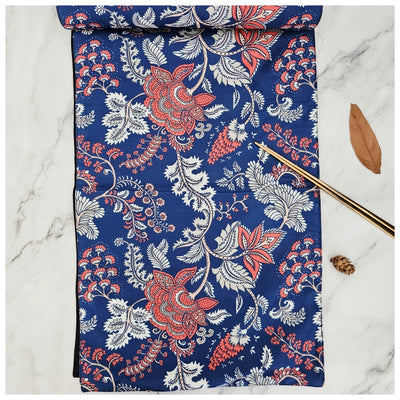 TABLE RUNNER IN DUPON SILK - DARK BLUE FLORAL