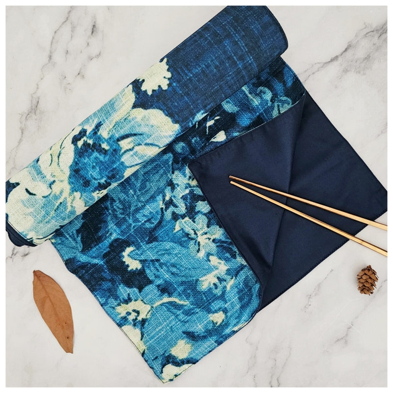 TABLE RUNNER IN DUPON SILK - DENIM BLUE FLORAL