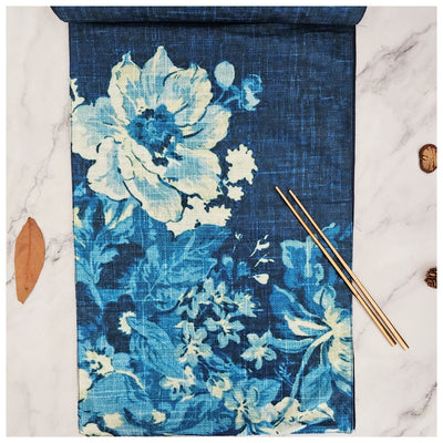 TABLE RUNNER IN DUPON SILK - DENIM BLUE FLORAL