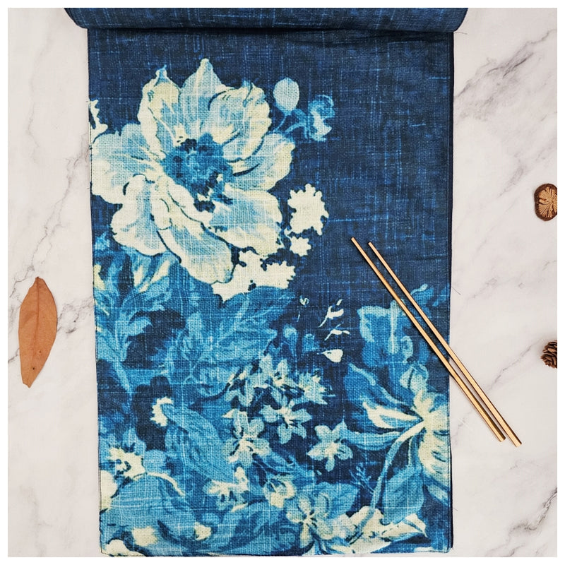 TABLE RUNNER IN DUPON SILK - DENIM BLUE FLORAL