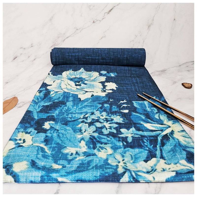 TABLE RUNNER IN DUPON SILK - DENIM BLUE FLORAL