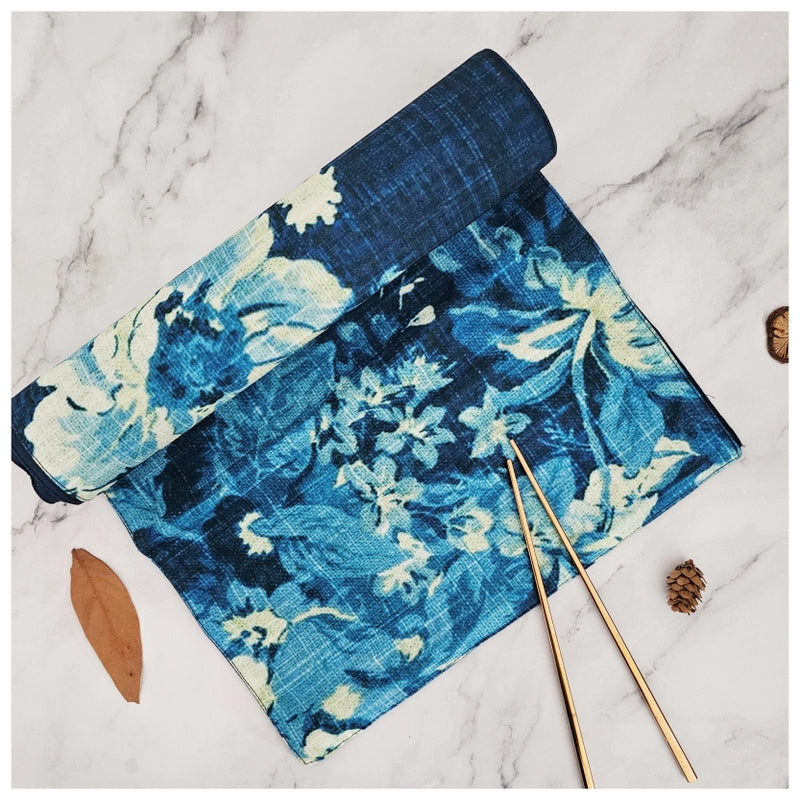 TABLE RUNNER IN DUPON SILK - DENIM BLUE FLORAL