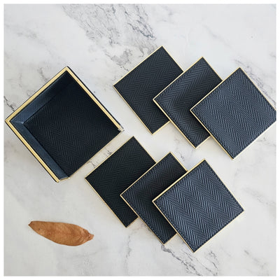 Serving Tray Set of 2 & Coaster Set with Holder - Leather - Ebony