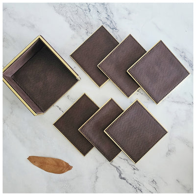 Serving Tray Set of 2 & Coaster Set with Holder - Leather - Walnut