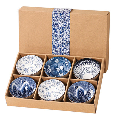 Ceramic - 6 Bowls - Gift Set - Japanese Blue Floral - Rice, Salad, Soup, Fruit Bowl 101